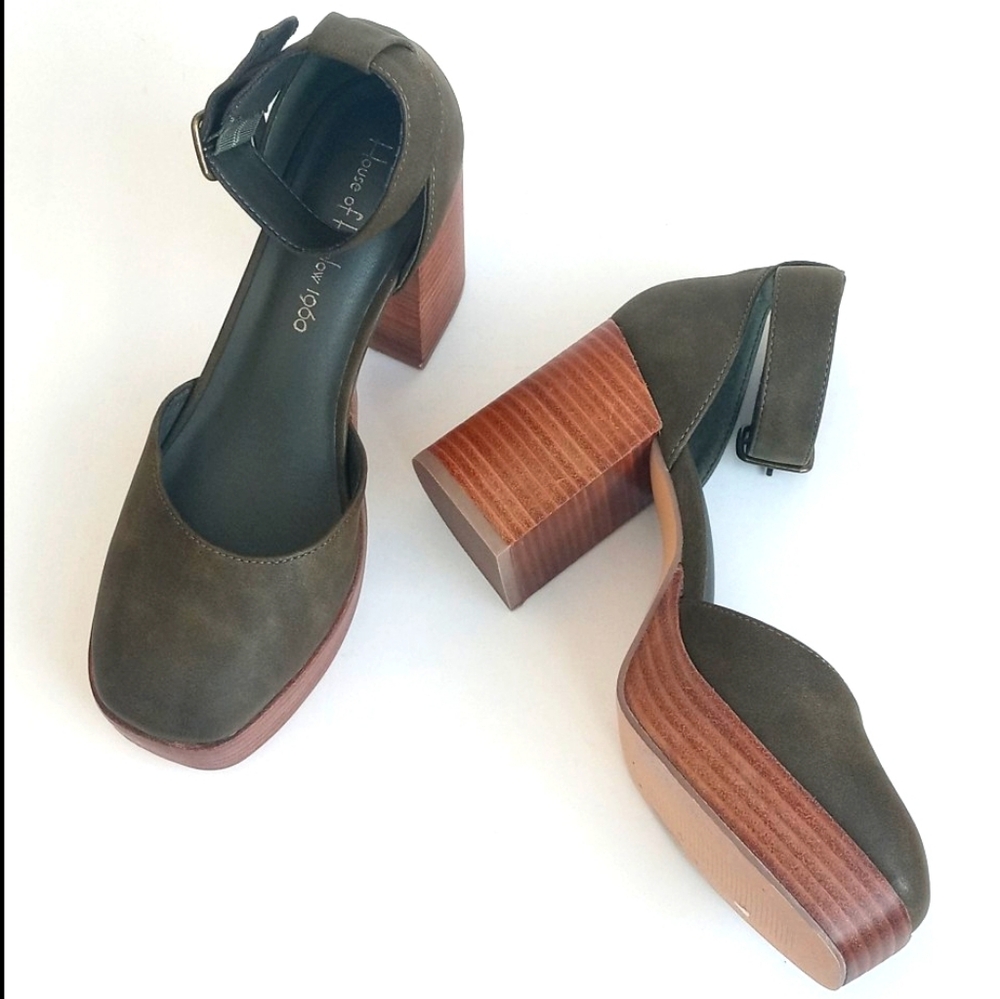 House of Harlow 1960 Olive Green Square Toe Ankle Strap Platform Heels 8M - Picture 8 of 16